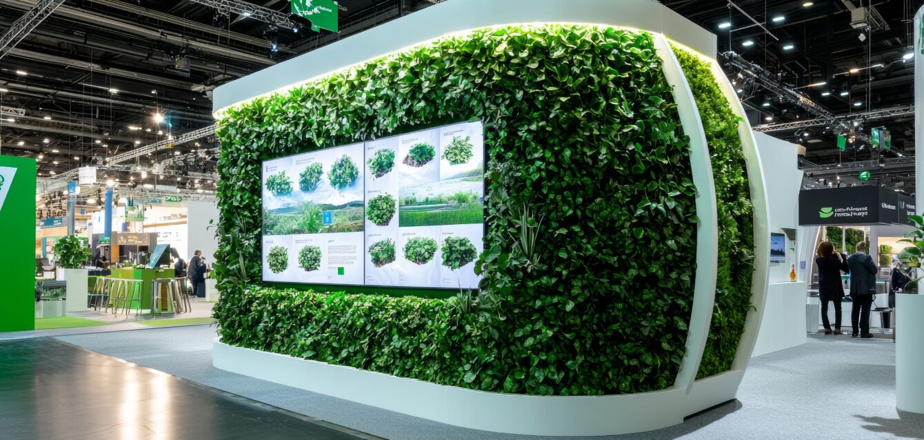 Green wall display booth with lush plants at a trade show exhibition showcasing sustainable and eco-friendly design. Event innovation concept