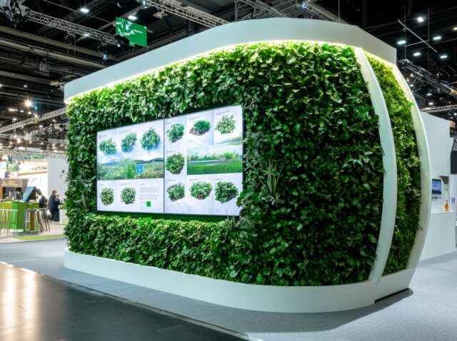 Green wall display booth with lush plants at a trade show exhibition showcasing sustainable and eco-friendly design. Event innovation concept